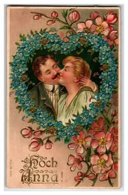 Vintage Embossed Postcard Kissing Couple Forget-Me-Nots Hoch Anna 1909
